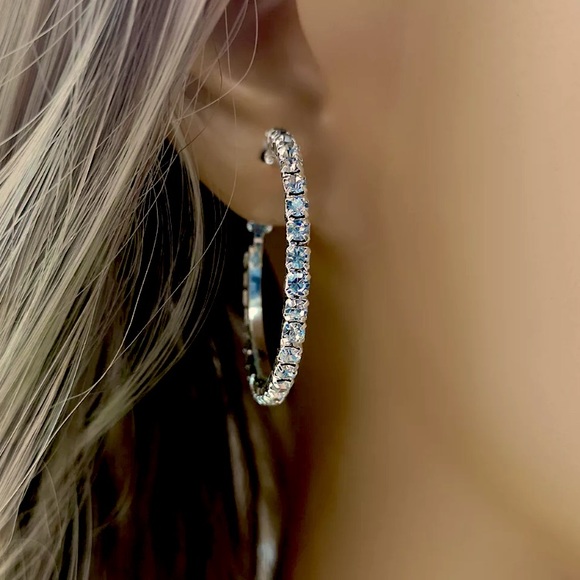 Gold Plated Rhinestone Hoop Earrings - Picture 5 of 5